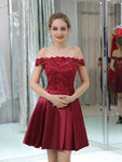 Pretty Off The Shoulder Burgundy Lace Top A Line Short Homecoming Dresses XDM1161