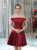 Pretty Off The Shoulder Burgundy Lace Top A Line Short Homecoming Dresses XDM1161