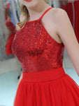 Shining Red Halter Sequin Tulle A Line Short Homecoming Dresses XDM1159