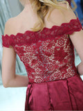 Pretty Off The Shoulder Burgundy Lace Top A Line Short Homecoming Dresses XDM1161