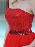 Sparkly Red Strapless Sequin A Line Tulle Short Homecoming Dresses XDM1160