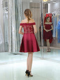 Pretty Off The Shoulder Burgundy Lace Top A Line Short Homecoming Dresses XDM1161