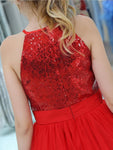 Shining Red Halter Sequin Tulle A Line Short Homecoming Dresses XDM1159