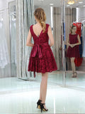 Unique Burgundy Lace Cap Sleeves A Line Short Homecoming Dresses XDM1158