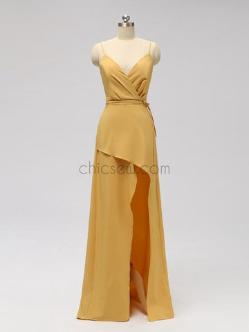 Spaghetti Strap A-line Side Split Long Bridesmaid Dresses SDP1117