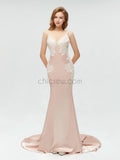 Charming Spaghetti Straps Mermaid Applique Sexy Backless Prom Dress, YKX002