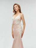 Charming Spaghetti Straps Mermaid Applique Sexy Backless Prom Dress, YKX002