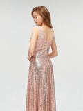 Sparkly Sequin A-line Sleeveless Lace Prom Dress, YKX007