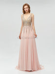 Sexy V-neck Backless Chiffon A-line Beaded Prom Dress, YKX008