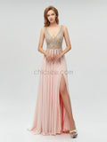 Sexy V-neck Backless Chiffon A-line Beaded Prom Dress, YKX008