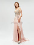 Sexy V-neck Backless Chiffon A-line Beaded Prom Dress, YKX008