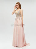 Sexy V-neck Backless Chiffon A-line Beaded Prom Dress, YKX008