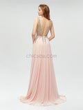 Sexy V-neck Backless Chiffon A-line Beaded Prom Dress, YKX008