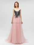 Gorgeous A-line Beaded Cap Sleeve Tulle Prom Dress, YKX009