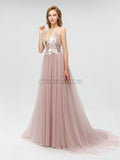 Sexy Deep V-neck Backless Applique A-line Tulle Prom Dress, YKX010