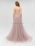 Sexy Deep V-neck Backless Applique A-line Tulle Prom Dress, YKX010