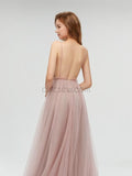 Sexy Deep V-neck Backless Applique A-line Tulle Prom Dress, YKX010