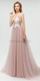 Sexy Deep V-neck Backless Applique A-line Tulle Prom Dress, YKX010