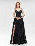 Black Lace Spaghetti Straps A-line Slit Backless Prom Dress, YKX012