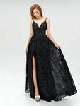 Black Lace Spaghetti Straps A-line Slit Backless Prom Dress, YKX012