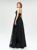 Black Lace Spaghetti Straps A-line Slit Backless Prom Dress, YKX012