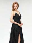 Black Lace Spaghetti Straps A-line Slit Backless Prom Dress, YKX012