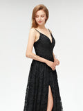 Black Lace Spaghetti Straps A-line Slit Backless Prom Dress, YKX012