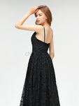 Black Lace Spaghetti Straps A-line Slit Backless Prom Dress, YKX012