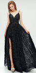 Black Lace Spaghetti Straps A-line Slit Backless Prom Dress, YKX012