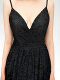 Black Lace Spaghetti Straps A-line Slit Backless Prom Dress, YKX012