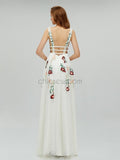 Unique Lace A-line Deep V-neck Applique Backless Prom Dress, YKX013