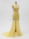 Yellow Sexy Slit See-Through Backless Prom Dress, YKX022