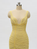 Yellow Sexy Slit See-Through Backless Prom Dress, YKX022