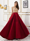 Elegant A-line Satin High Neck Beaded 1/4 Sleeves Prom Dress, YKX033