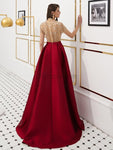 Elegant A-line Satin High Neck Beaded 1/4 Sleeves Prom Dress, YKX033