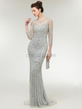 Charming Long Sleeves Appliques Mermaid Tulle Sparkly Sequin Prom Dress, YKX038