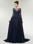 Luxury A-line Navy Blue Beaded Long Sleeves Satin Prom Dress, YKX039