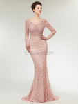 Lace Long Sleeves Beaded Luxury Mermaid Prom Dress, YKX040