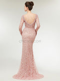 Lace Long Sleeves Beaded Luxury Mermaid Prom Dress, YKX040