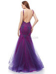 Sexy Mermaid Backless Deep V-neck Organza Beaded Prom Dress, YKX042