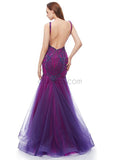 Sexy Mermaid Backless Deep V-neck Organza Beaded Prom Dress, YKX042