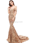 Off Shoulder Mermaid Sexy Backless Sparkly Lace Prom Dress, YKX043