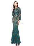 Elegant Sparkly Lace Long Sleeve Prom Dress with Detachable Satin Skirt, YKX044