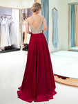 Off Shoulder A-line Satin V-neck Backless Beaded Prom Dress, YKX050