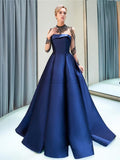 Long Sleeve Satin A-line Zipper Back Beaded Prom Dress, YKX052