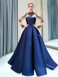 Long Sleeve Satin A-line Zipper Back Beaded Prom Dress, YKX052