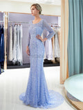 Luxury Full Beaded Mermaid Long Sleeve Open-Back Prom Dress, YKX054