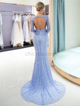 Luxury Full Beaded Mermaid Long Sleeve Open-Back Prom Dress, YKX054