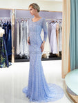 Luxury Full Beaded Mermaid Long Sleeve Open-Back Prom Dress, YKX054