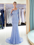 Luxury Full Beaded Mermaid Long Sleeve Open-Back Prom Dress, YKX054